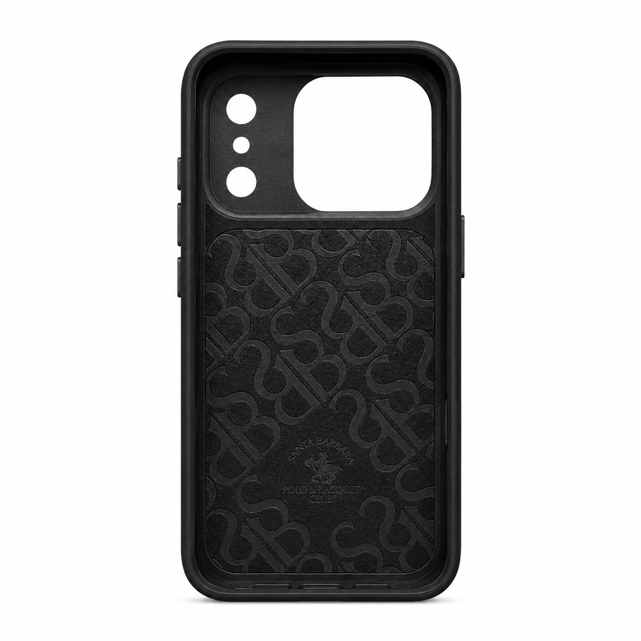 Black leather iPhone 17 case with 3D embroidered polo rider design, back view