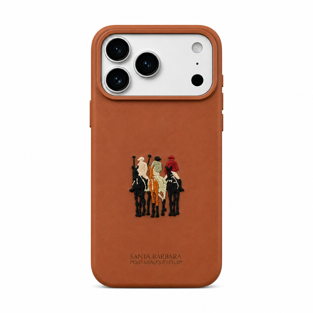 Tan leather iPhone 17 case with 3D embroidered polo rider design, back view