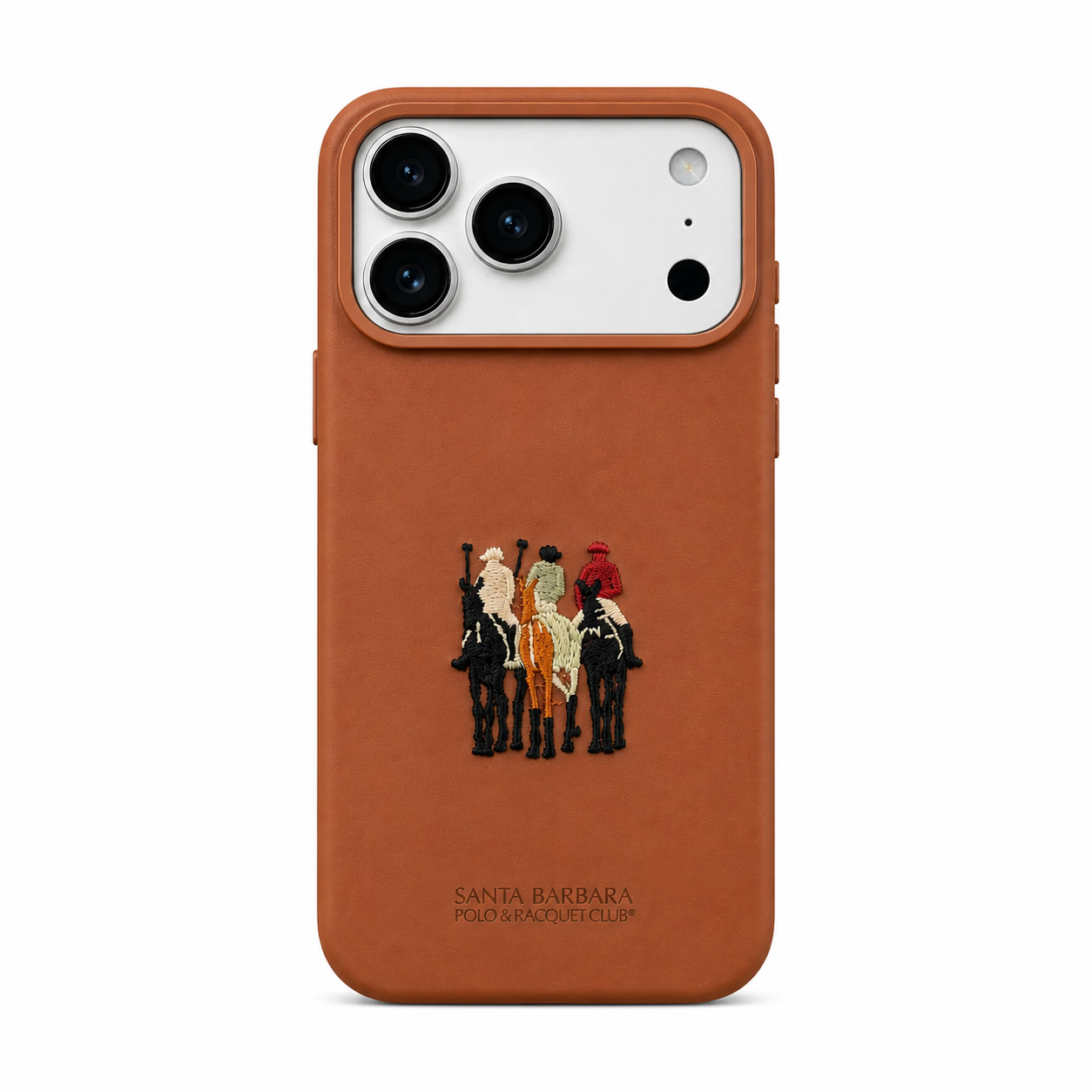 Tan leather iPhone 17 case with 3D embroidered polo rider design, back view