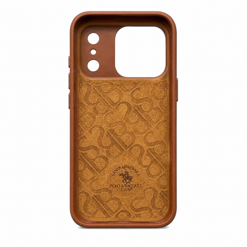 Tan leather iPhone 17 case with 3D embroidered polo rider design, back view