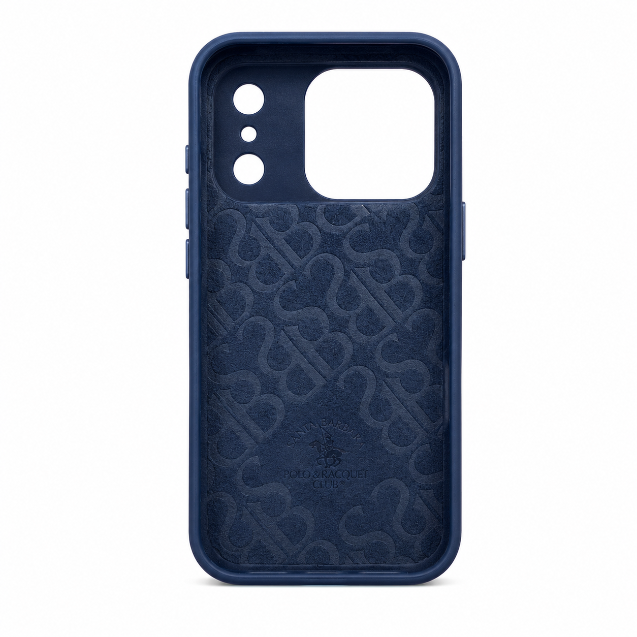Navy Blue leather iPhone 17 case with 3D embroidered polo rider design, back view
