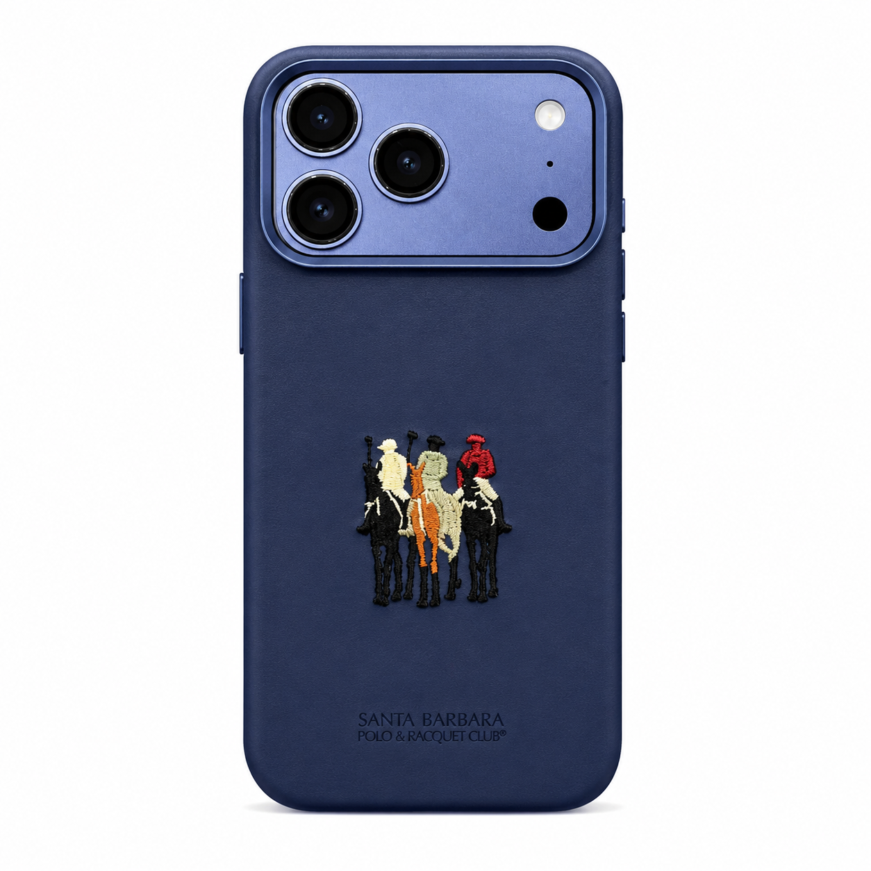 Navy Blue leather iPhone 17 case with 3D embroidered polo rider design, back view