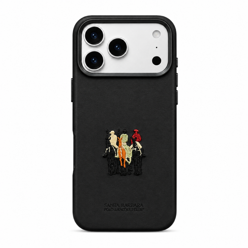 Black leather iPhone 17 case with 3D embroidered polo rider design, back view