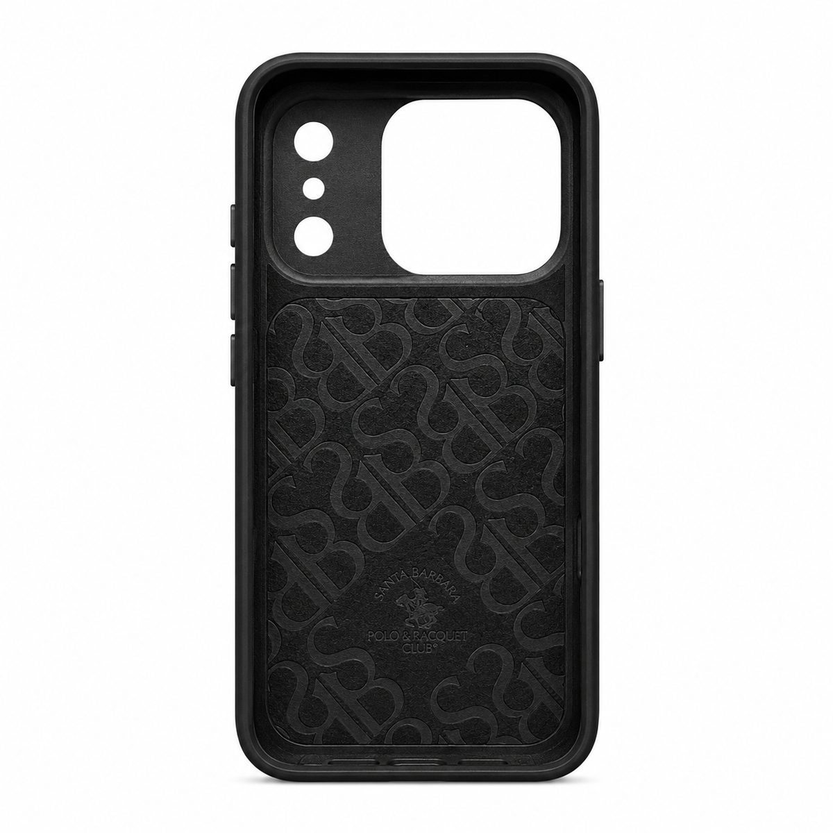 Black leather iPhone 17 case with 3D embroidered polo rider design, back view