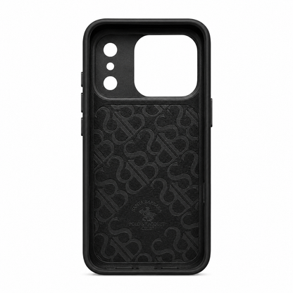 Black leather iPhone 17 case with 3D embroidered polo rider design, back view