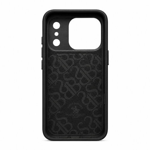 Black leather iPhone 17 case with 3D embroidered polo rider design, back view