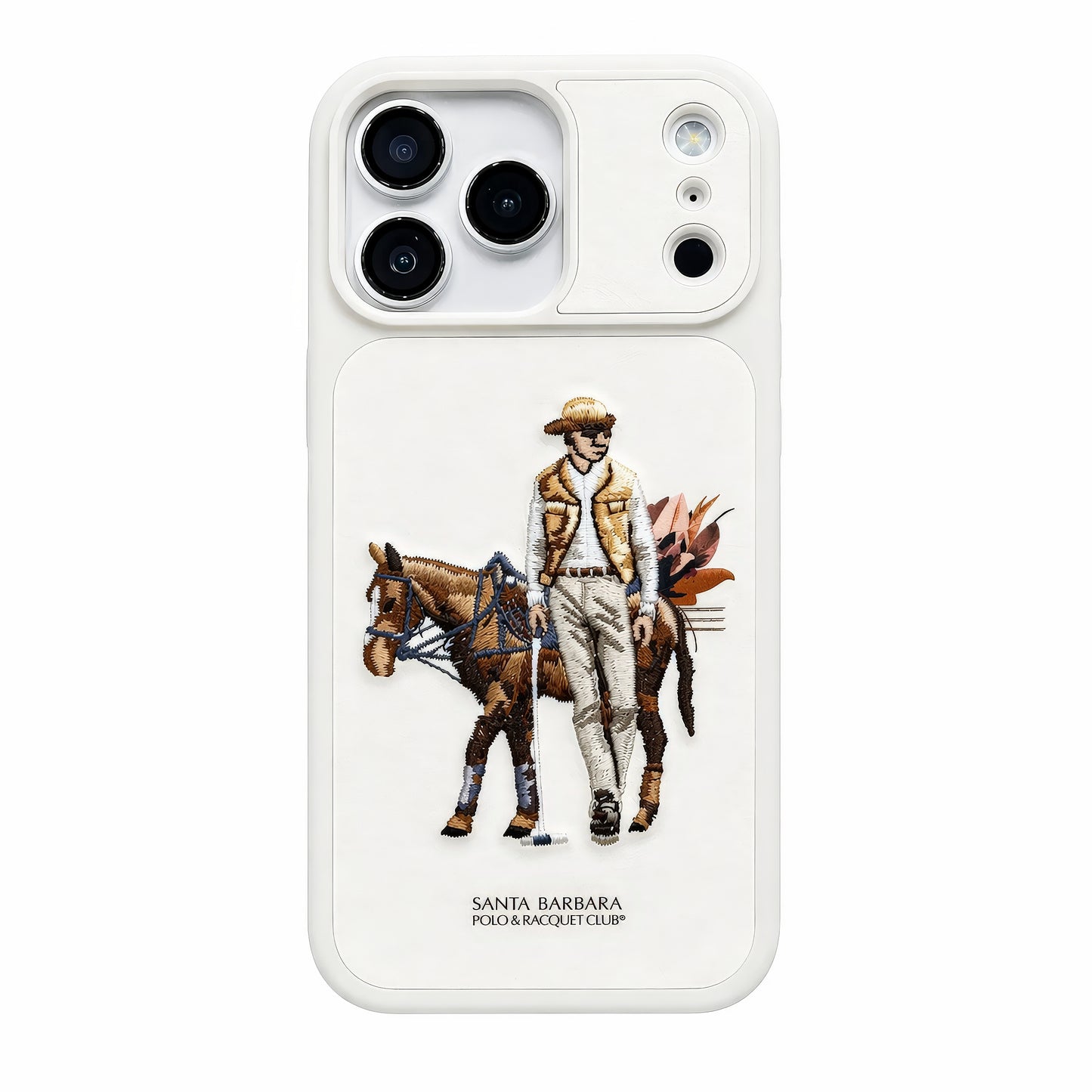 Phone case with a horse and rider illustration and 'Santa Barbara Polo & Racquet Club' text on a white background