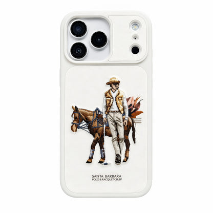Phone case with a horse and rider illustration and 'Santa Barbara Polo & Racquet Club' text on a white background